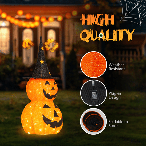 Alvantor 2-Pack 3 ft Lighted Pop-Up Pumpkin Halloween Decorations with Witch Hats and 150 LEDs Total, Orange and Black