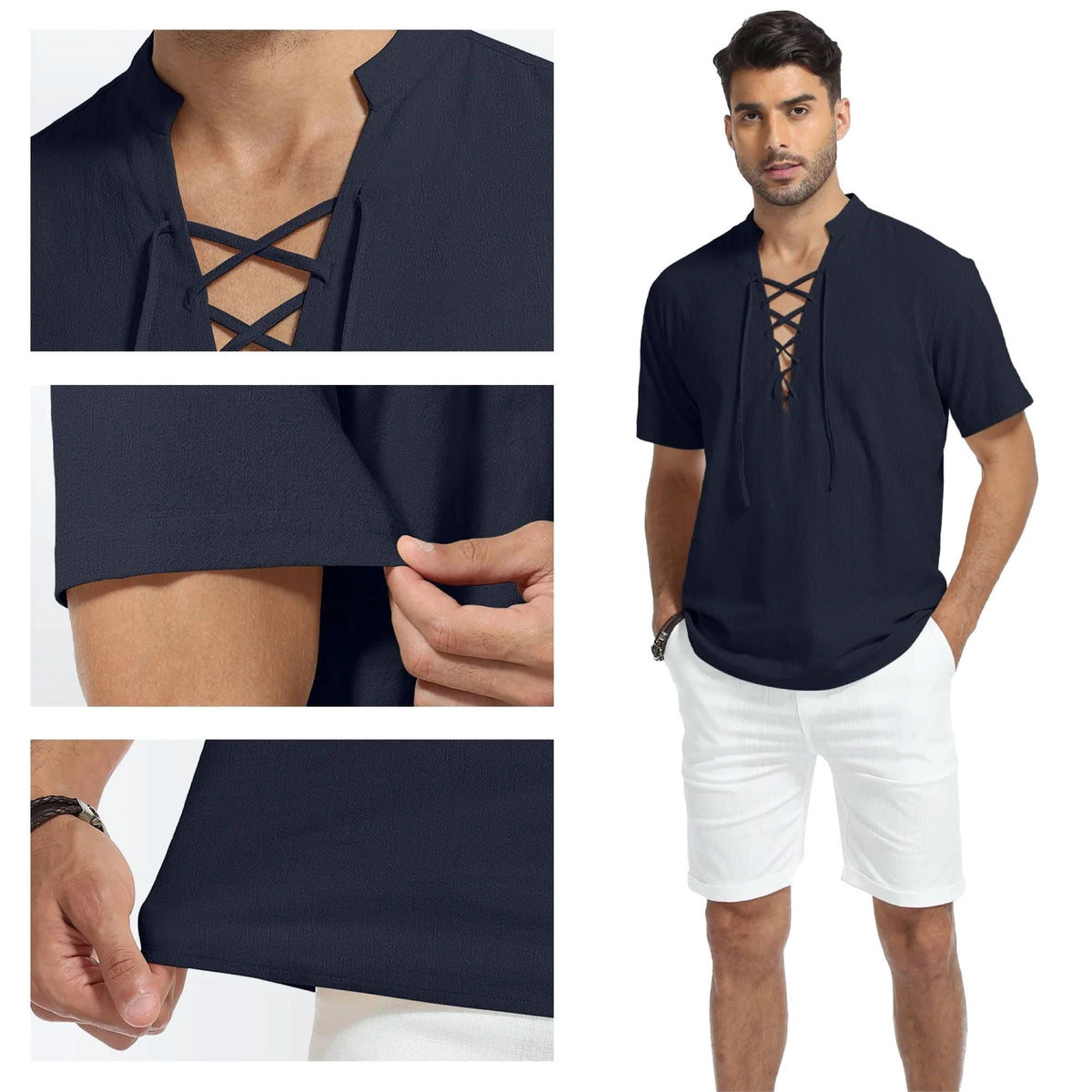 HAOMEILI Men's Cotton Linen Lace-Up V-Neck Short Sleeve Shirt