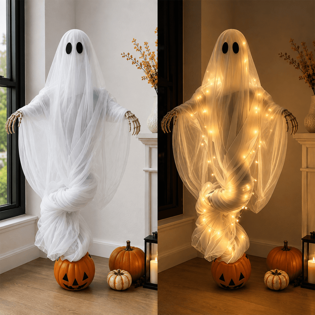 Swirling Ghost Pumpkin Yard Lamp, Lighted Spooky Ghost Statue, Warm LED Halloween Decorations Outdoor, Fall Autumn Garden Lawn Porch Pathway Ornament for Halloween Party Decoration
