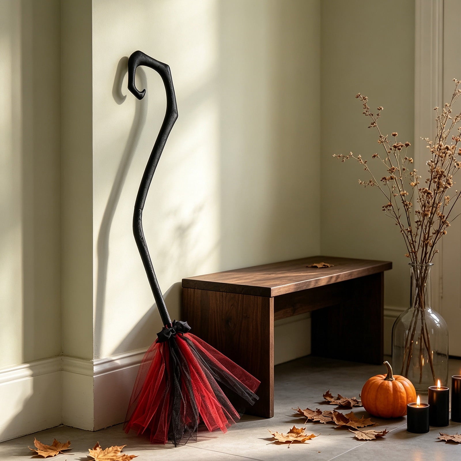 Halloween Witch Broom Cane with Ribbons, 38.2" Witches Broomstick for Wizard Costume Party, Photo Booth Accessory Stage Prop, Halloween Decoration, D