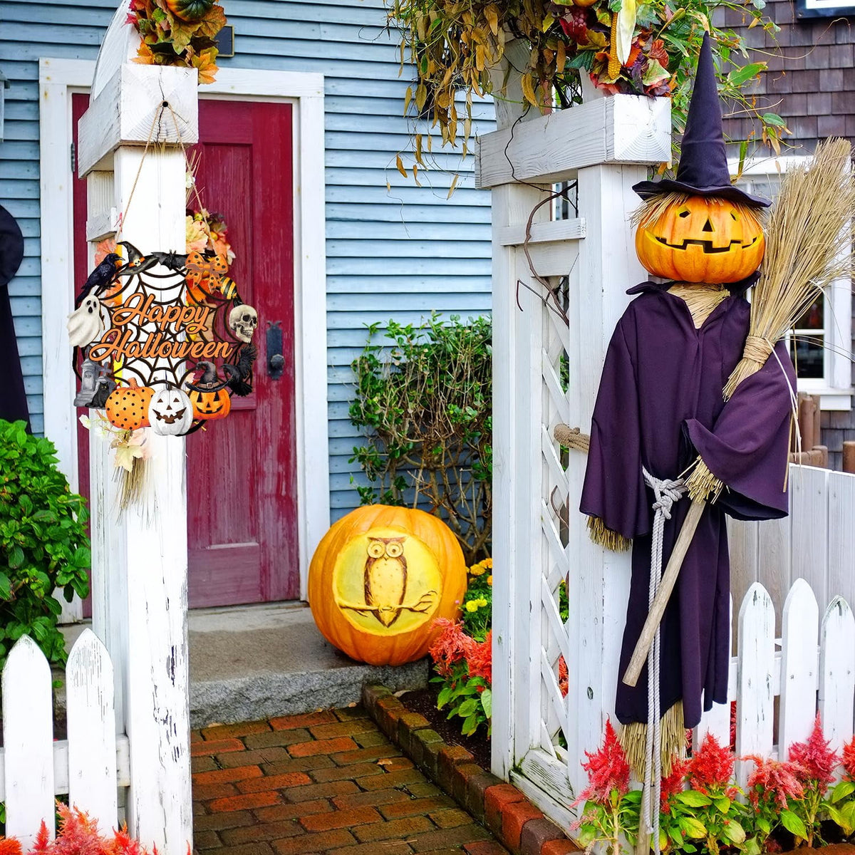 Halloween Decoration Indoor,Ghost & Pumpkin Halloween Wreath for Front Door,Wooden Black Cat Wall Sign Hanging Decor Indoor Outdoor Farmhouse Party Supply