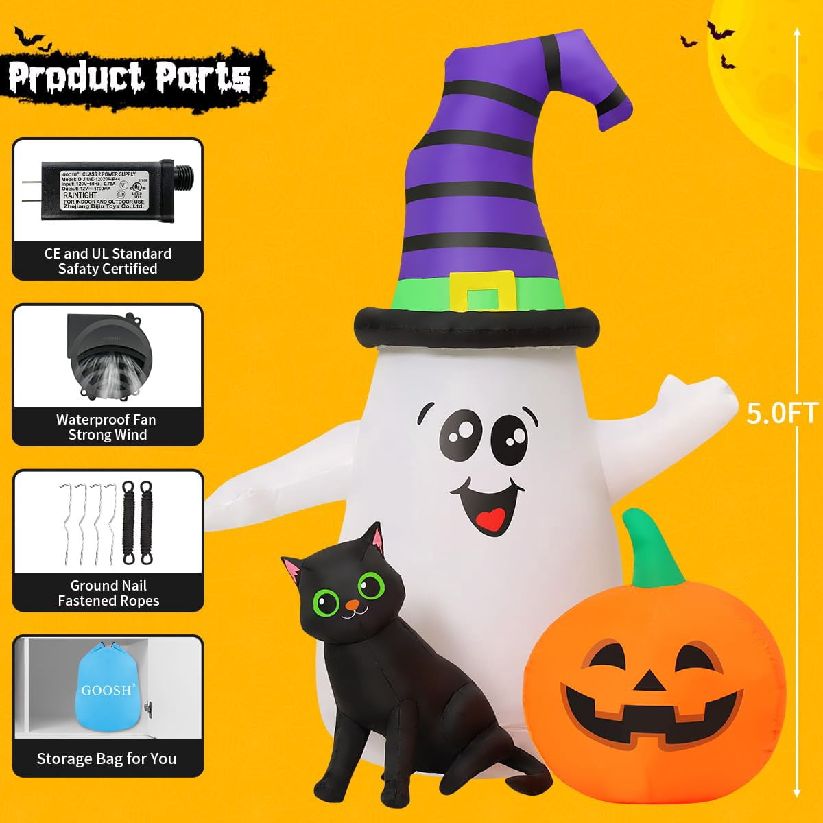 GOOSH Halloween Inflatables 5 FT Halloween Ghost Inflatable with LED Lights, Cute Ghost Blow Up with Wizard Hat Pumpkin Black Cat, Outdoor Halloween Decorations for Halloween Holiday Indoor Outdoor