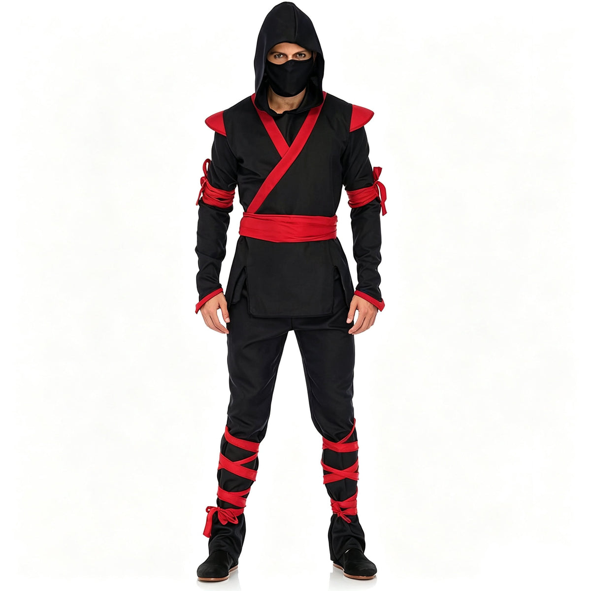 Men Ninja Costume Outfit, Complete Black‑Red Ninja Hooded Suit with Face Mask for Adult, Halloween Cosplay Theme Party Fancy Dress for Men