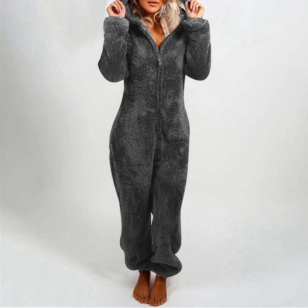 QATAINLAV Sherpa Fleece Jumpsuit for Women Winter Warm Fuzzy Onesie Pajamas Cute Cat Hooded Romper Casual Zip Up Overalls Sleepwear Black XL