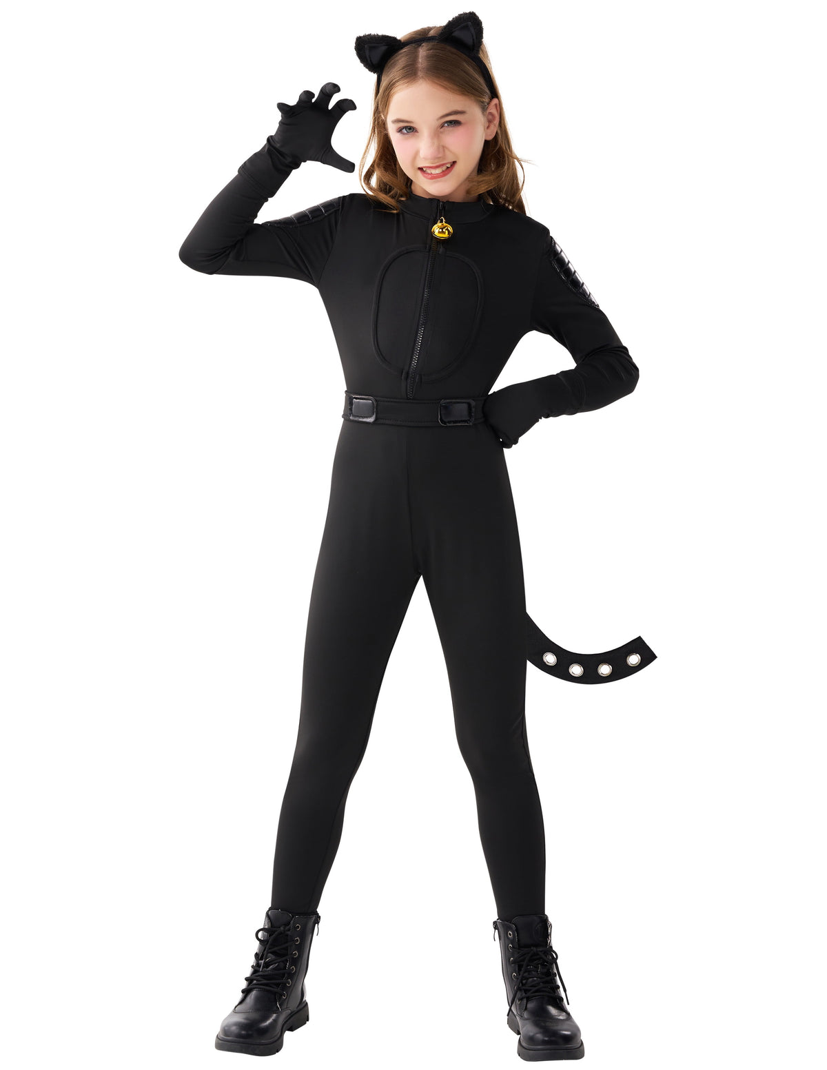 Joyfy Black Cat Costume for Girls, Kids Cat Outfit Set with Tail, Child Black Cat Halloween Costume for Cosplay Party