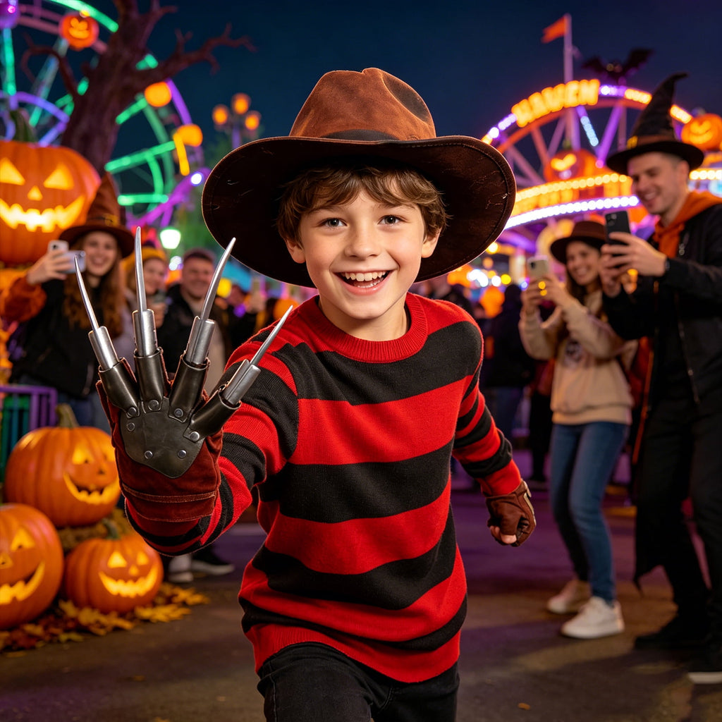 BUXULYP Halloween Killer Costume Kids Red Striped Sweater Hat Glove Claws Cosplay Outfits for Boys Girls Toddler Youth