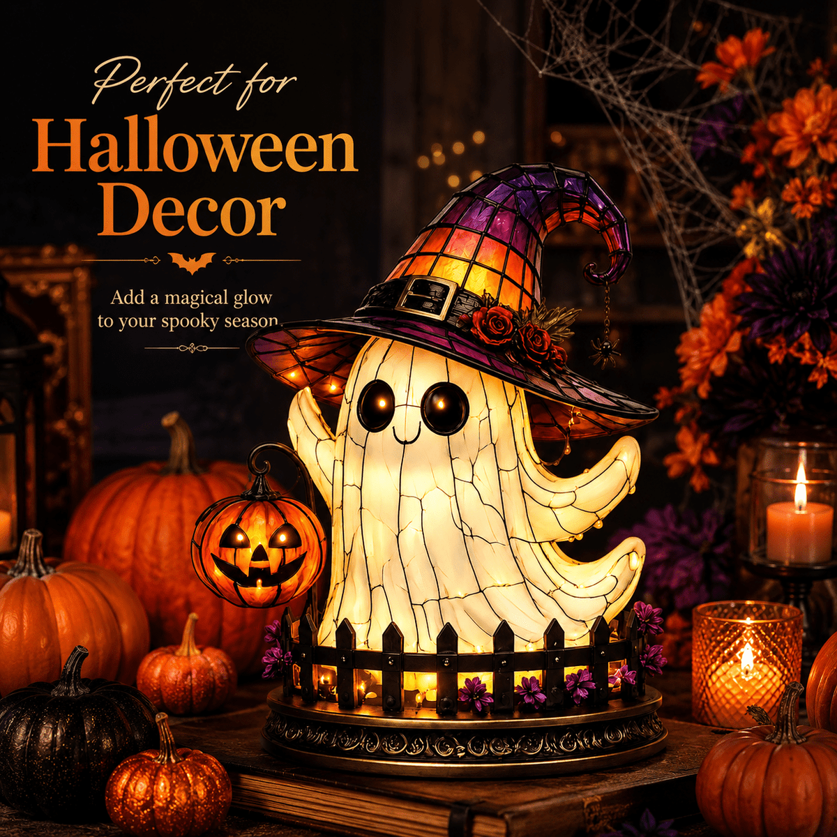 Diceymbol Halloween Decorations and Fall Decor, Halloween Venue Decoration Ghost Props LED Illuminated Ghost Decorations for Tabletop, Mantel, Shelf Indoor Outdoor 9.05 inch