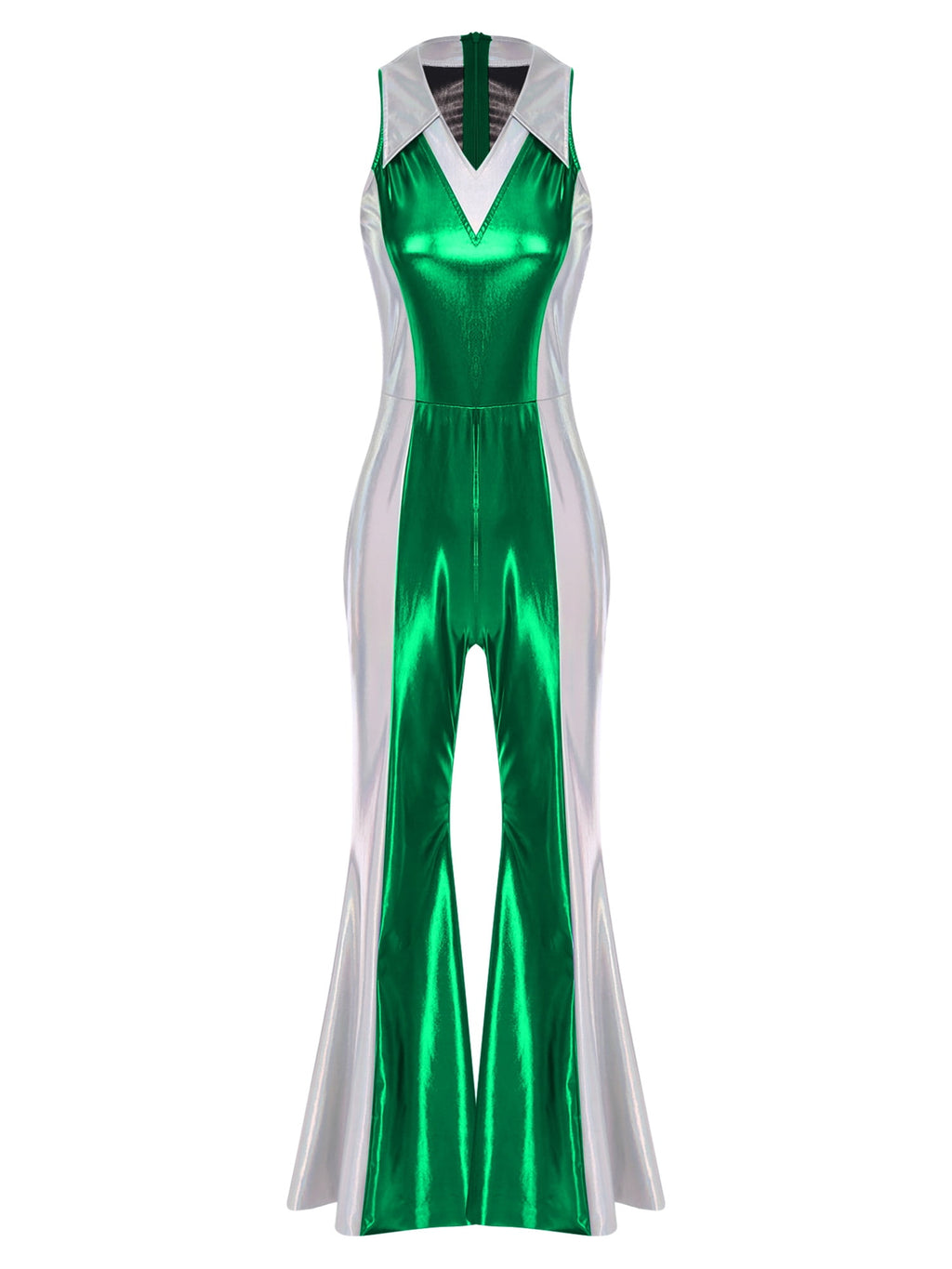 YiZYiF Womens 70s 80s Disco Costume Shiny Metallic Flared Pants Jumpsuit for Dance Party Halloween Gold S