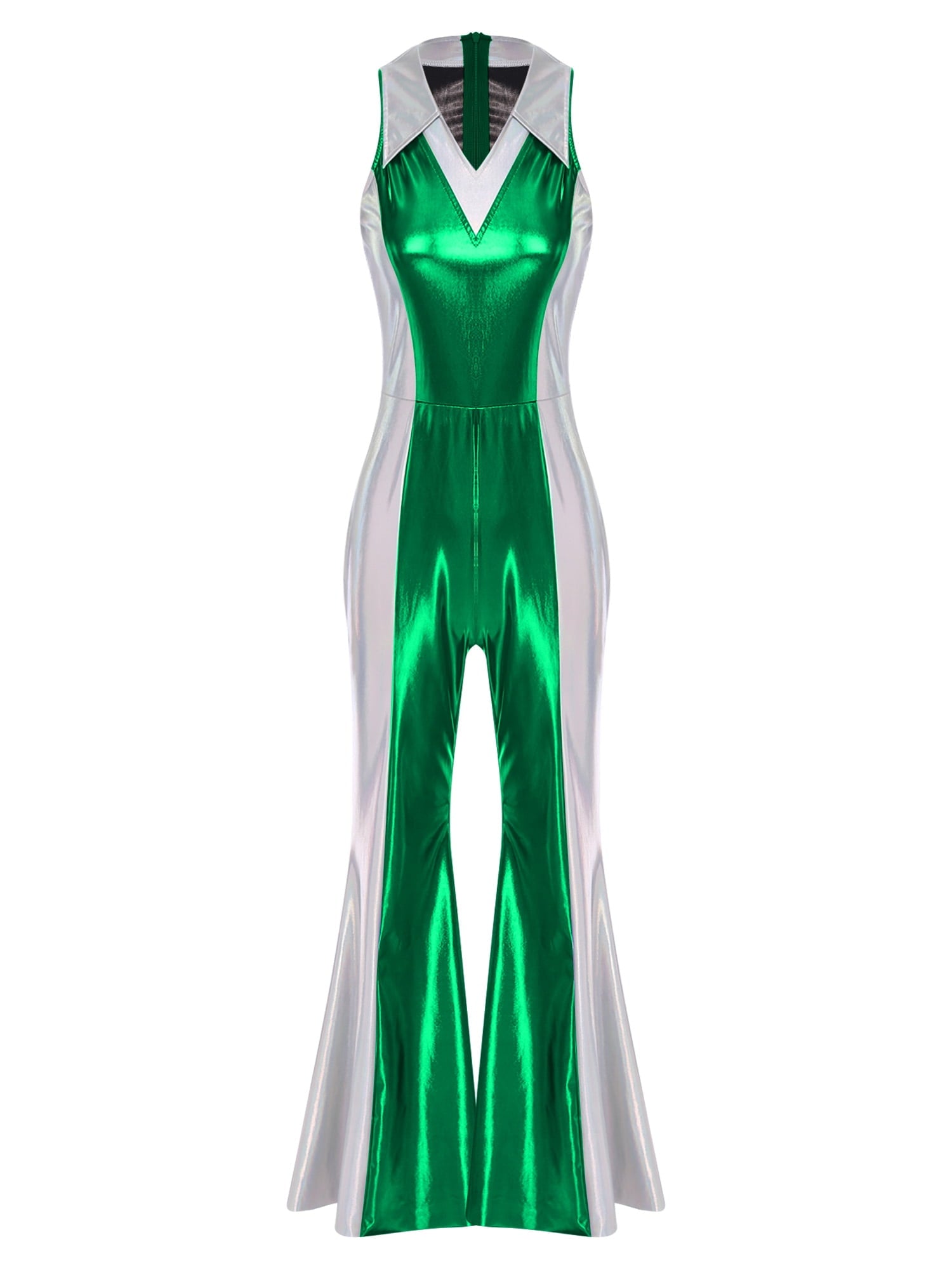 YiZYiF Womens 70s 80s Disco Costume Shiny Metallic Flared Pants Jumpsuit for Dance Party Halloween Gold S