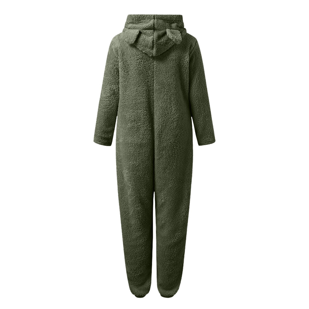QATAINLAV Sherpa Fleece Jumpsuit for Women Winter Warm Fuzzy Onesie Pajamas Cute Cat Hooded Romper Casual Zip Up Overalls Sleepwear Black XL
