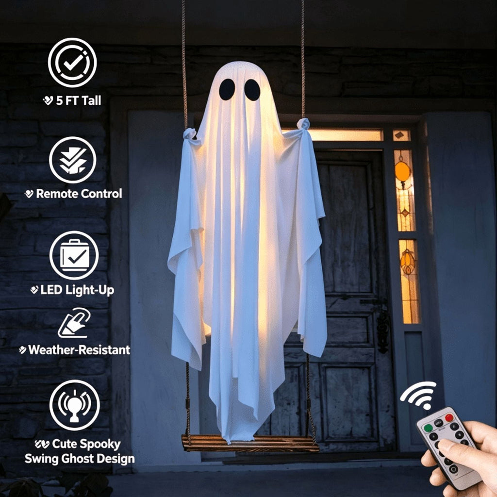 Clearance 5 FT Hanging Ghost Decor,Early Halloween Decorations Light-Up Flying Ghost on Broomstick with Witch Hat, Witch Broom, Spooky Cute Outdoor Halloween Decorations for Front Porch Yard Tree