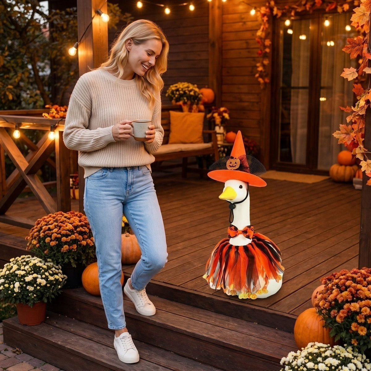 Outdoor Holiday Yard Decor, 23 Inch Porch Goose Outfits, Halloween Pumpkin Themed Porch Goose Clothes, Porch Goose Set with Hat and Treat Bag, Fits Standard 23 Inch Large Porch