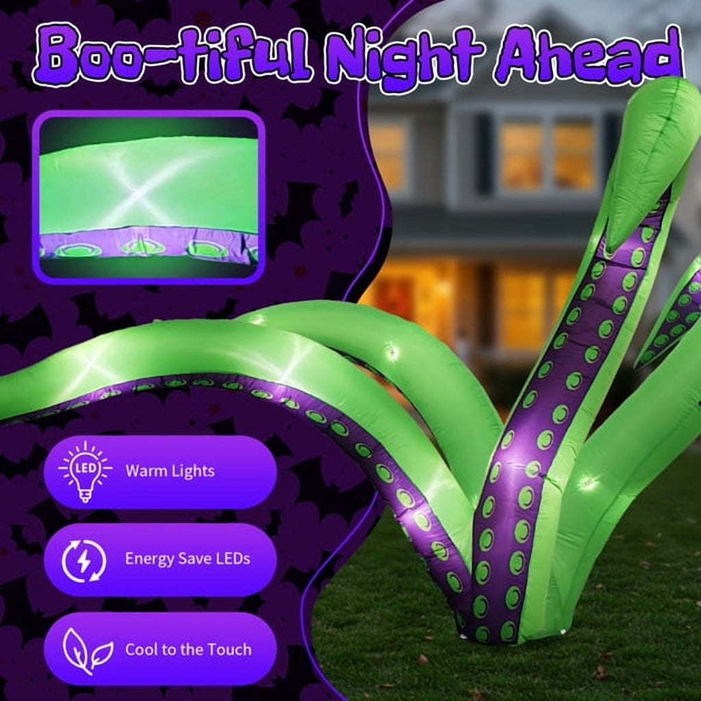 2-Pack 6.9FT Halloween Inflatable Octopus Tentacles, 12 White LED Lights, Quick Inflation with Ropes/Suction Cups for Windows/Rooftops/Yard