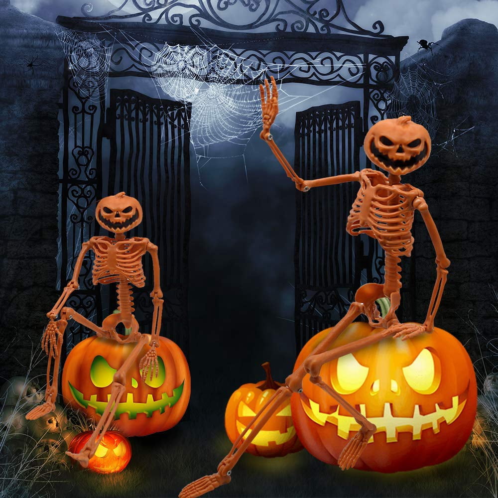 TETOU 2 Packs Halloween Skeletons, 14.9" Halloween Full Body Skeleton with Posable Joints for Haunted House Graveyard Props Decor