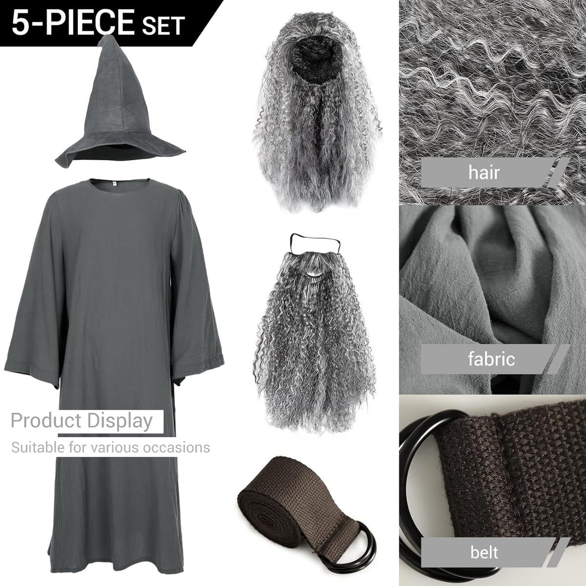 Deluxe 5 Pcs Wizard Costume for Adults Grey Wizard Robe with Wizards Hat, Belt, Wig & Beard Halloween Costumes For Men