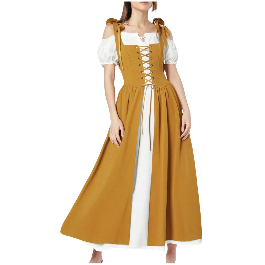 QATAINLAV Renaissance Costume Women Vintage Medieval Dress Cold Shoulder Short Sleeve Peasant Pirate Irish Maxi Dresses, Black, L