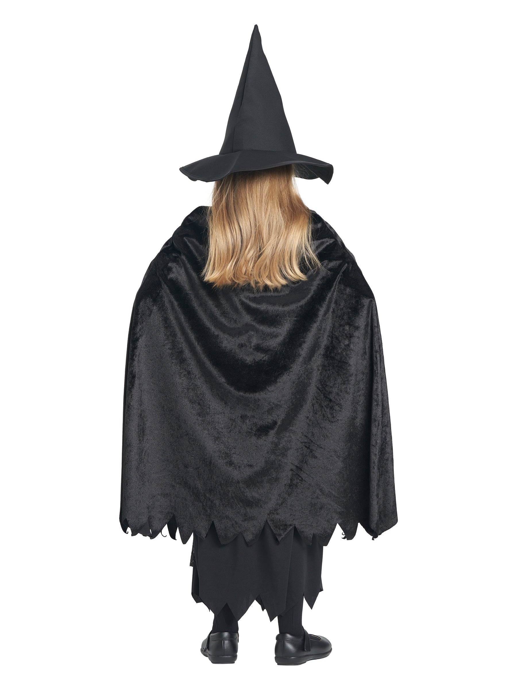 Girls Deluxe Witch Costume, 4 Pcs Dress Hat Cape Bag Velvet Black Suit for Kids Halloween Party Fancy Dress Up 4-6Y