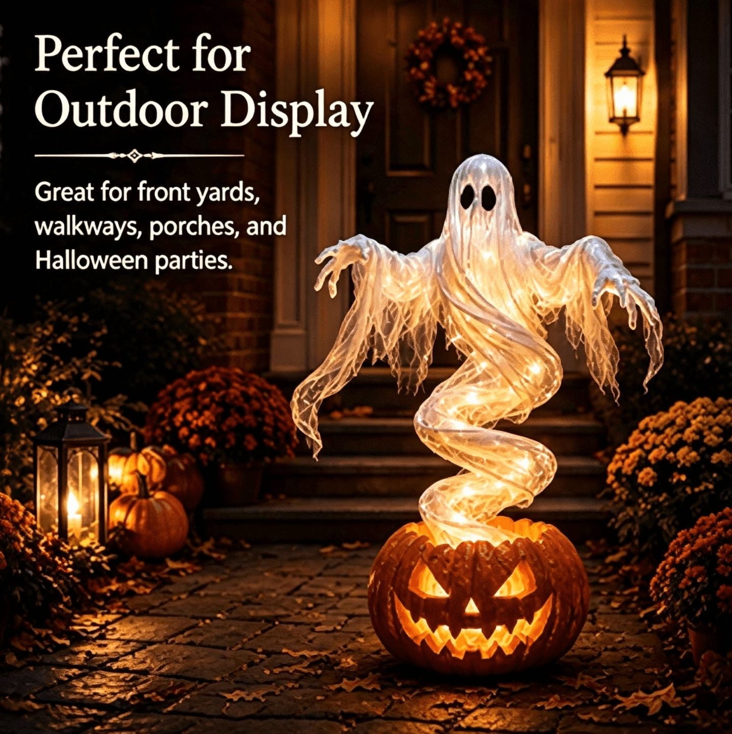 Swirling Ghost Pumpkin Yard Lamp, Halloween Yard Sculpture LED Glowing Floating Ghost Pumpkin Light, Halloween Outdoor Lawn Front Entrance Decor