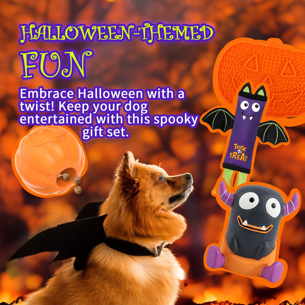 All For Paws Halloween 4-Pack Dog Toy Set - Gift Box Includes Dog Lick Mat, Puppy Squeaky Firehose Toy, Latex Dog Chew Toy & Dog Treat Dispenser