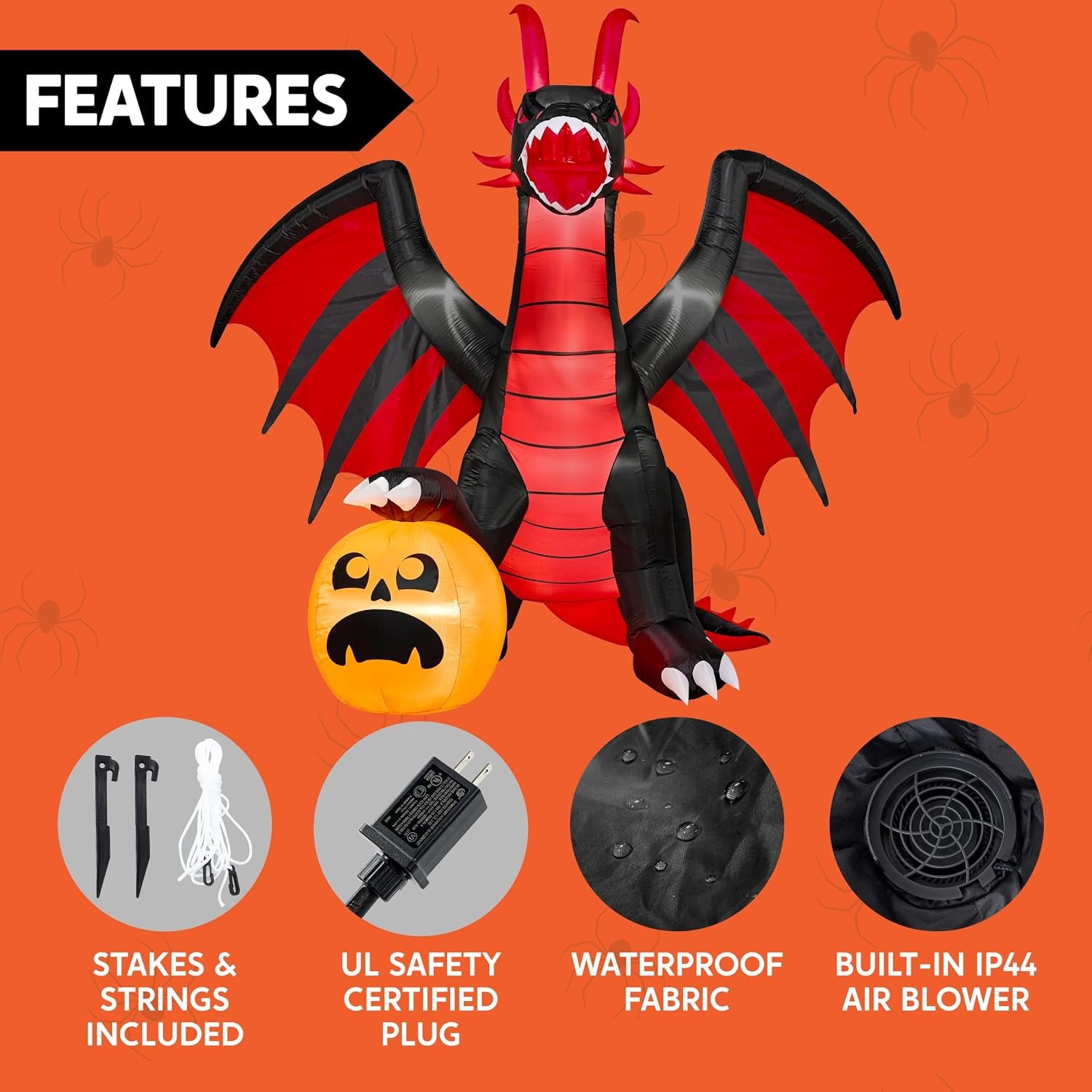 Joyfy 8 ft Halloween Inflatable Fire Dragon with Pumpkin,Animated Moving Mouth & Internal LED Lights,Blow Up Yard Decor Outdoor Lawn Garden Indoor Porch Patio Spooky Halloween Decoration