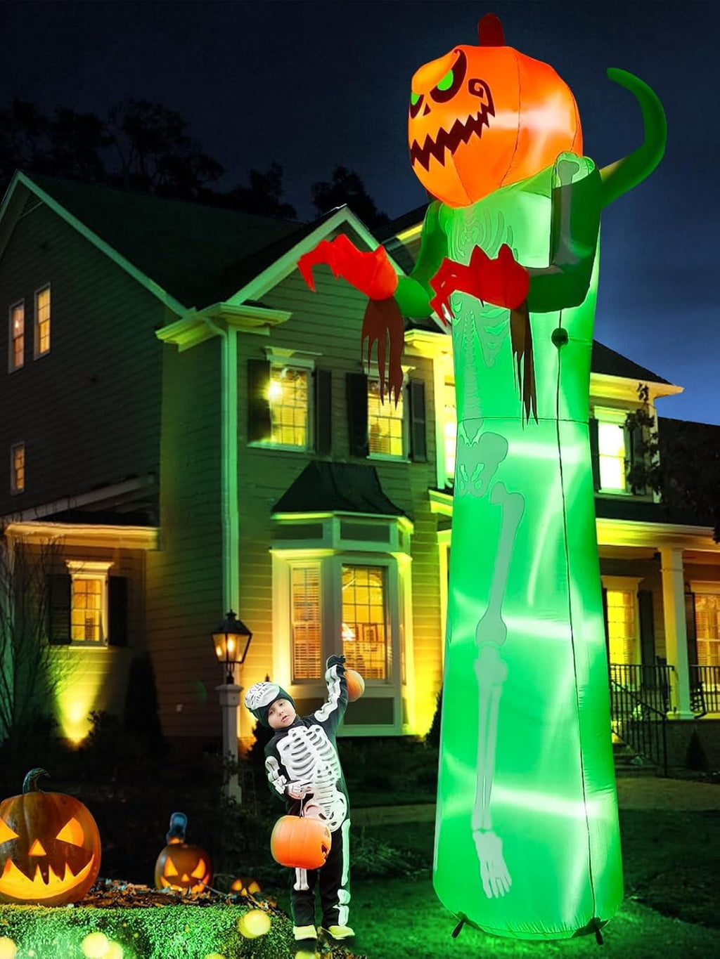Kalolary 12FT Halloween Inflatable with LED Lights – Giant Pumpkin & Skeleton Outdoor Decoration for Yard, Lawn, Home, & Party – Scary Blow-Up Halloween Holiday Decor