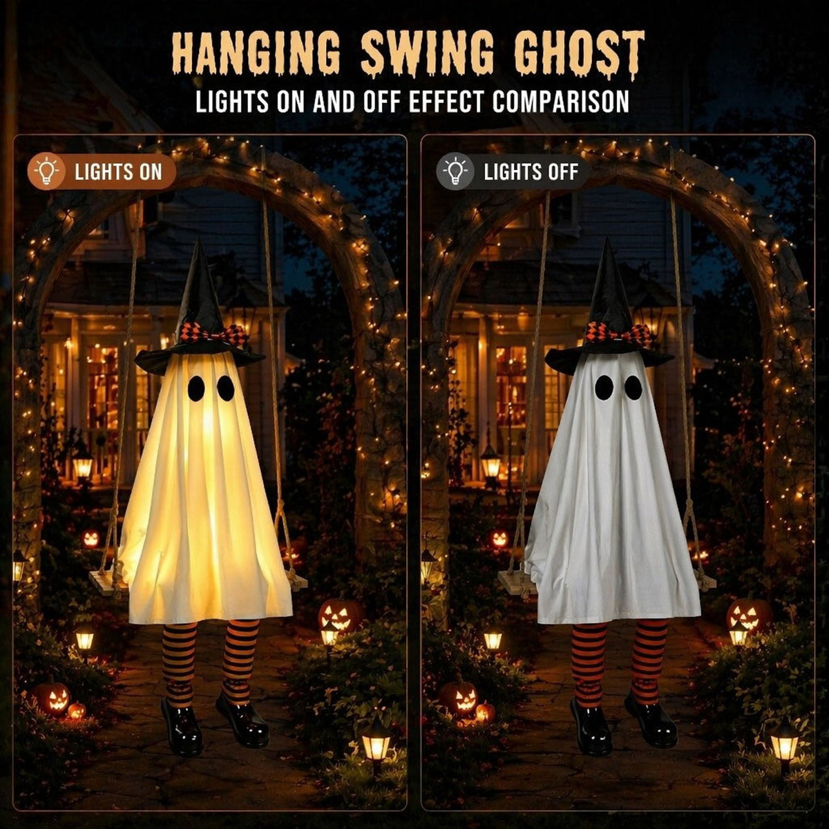 Cloth Hanging Swing Ghost Halloween Outdoor Decor,Remote Controlled LED Lighted Floating Ghost Ornament With 8 Lighting Modes For Porch Tree Yard Seasonal Holiday Display,Total Length 120.4 in.A