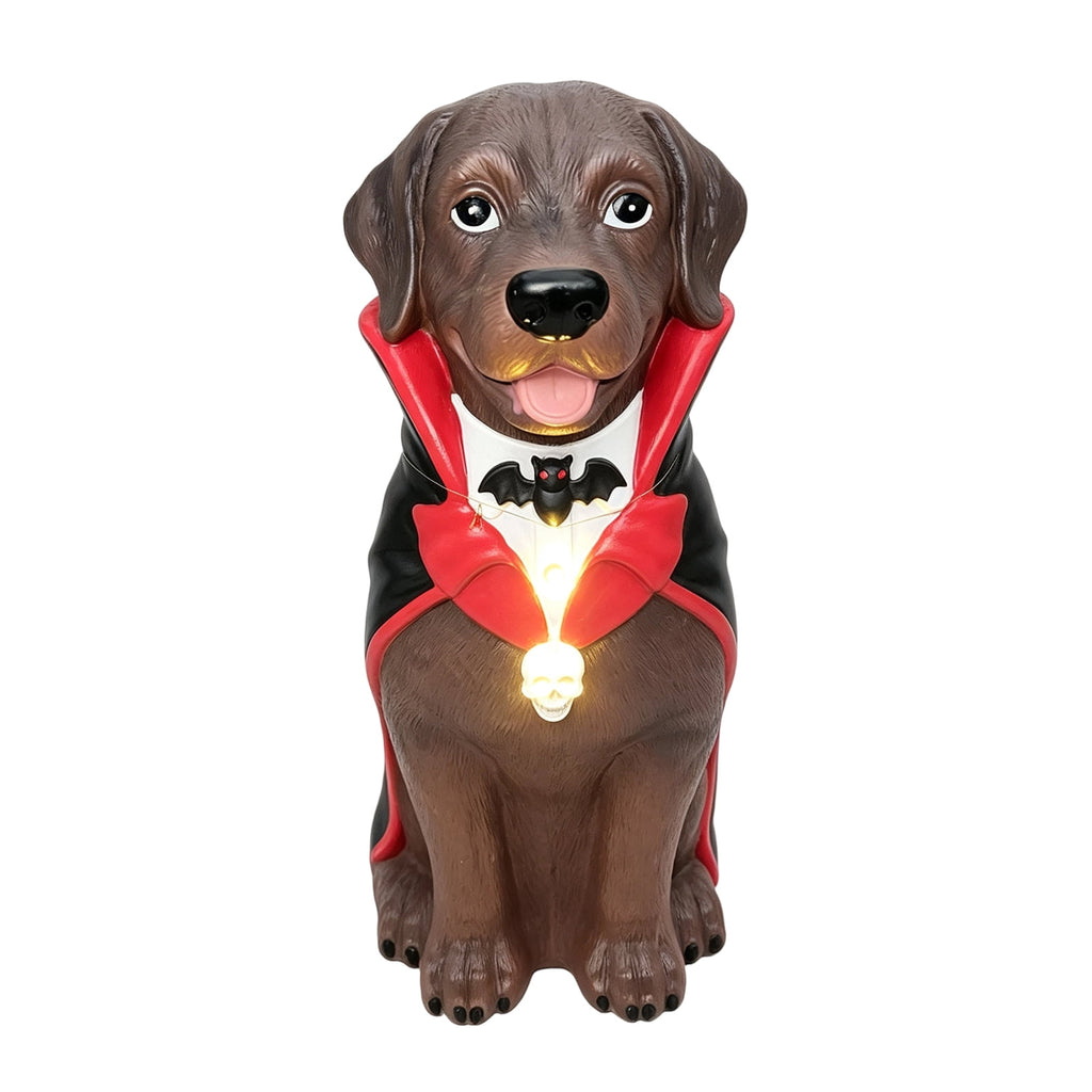 Halloween Dog Greeter - Frenchie 7.9in Resin Witch Dog with Light-Up Pumpkin, Spooky Fall Decor, Indoor Outdoor Tabletop Decoration