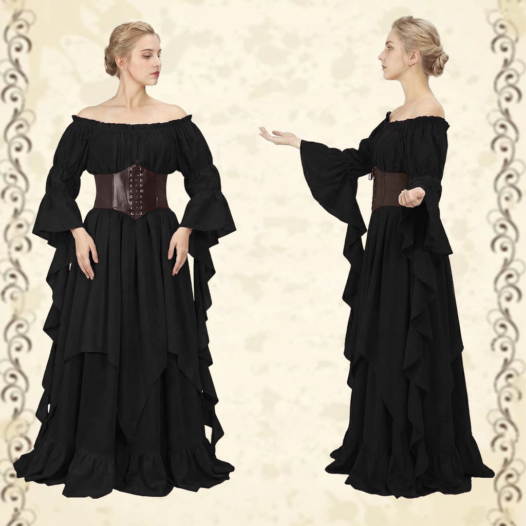 IROOZIGOTO Womens White Medieval Renaissance Maxi Dress Off Shoulder Long Flare Sleeve with Brown Lace Up Corset Belt Halloween Cosplay Costume