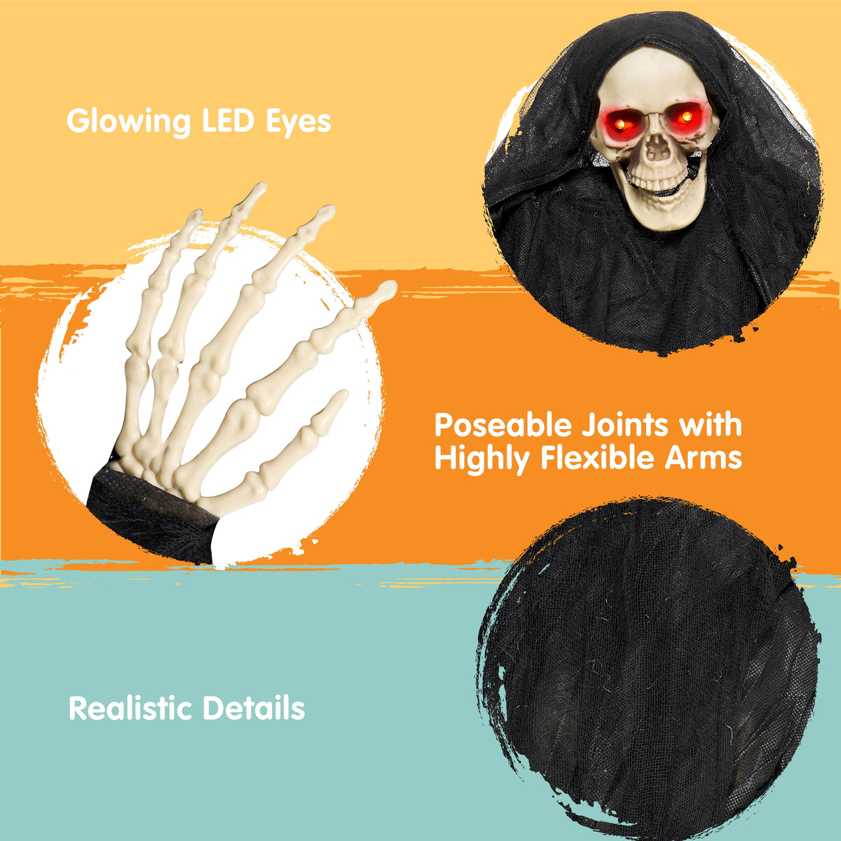 Joyfy 3 FT Halloween Hanging Swinging Skeleton,Light Up Creepy Grim Reaper with Black Hood Decorations for Halloween Hanging Decorations Indoor Outdoor Yard Home Decorations