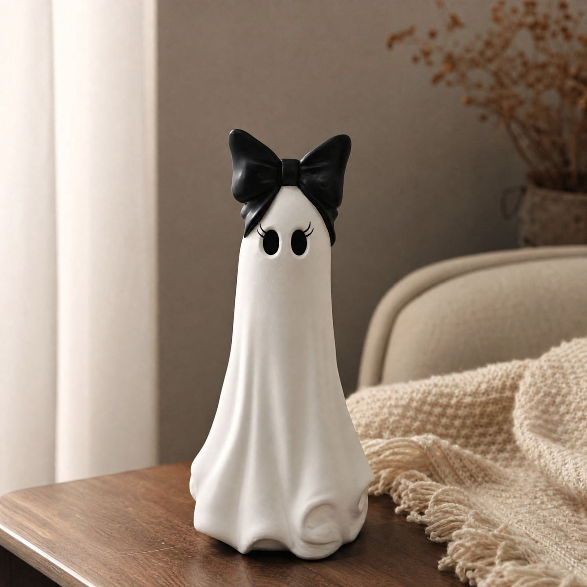 Clearance Halloween Ghost Resin Figurine with Black Cat & Pumpkin Candy Bowl 10“- Cute Spooky Tabletop Decor for Home Mantel, Shelf, and Indoor Fall Display