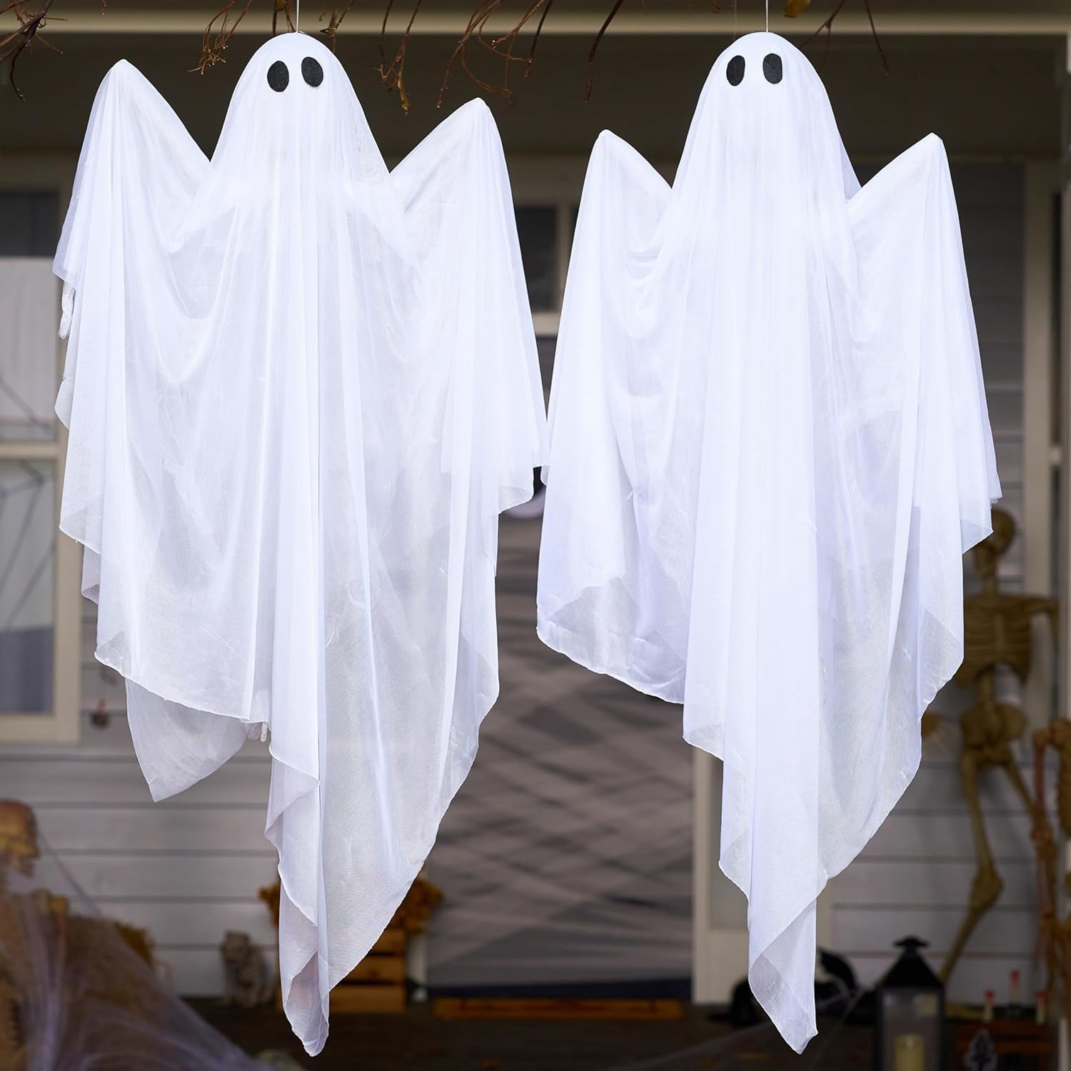 Joyfy 47" Halloween Hanging Light up Ghost Decorations Outdoor,White Ghosts with Blue LED Light and Timer Halloween Hanging Decoration Waterproof for Front Yard Patio Lawn