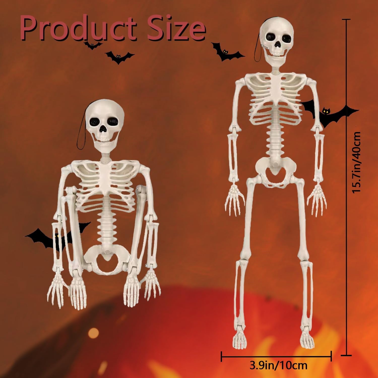 TETOU 2 Packs Halloween Skeletons, 14.9" Halloween Full Body Skeleton with Posable Joints for Haunted House Graveyard Props Decor