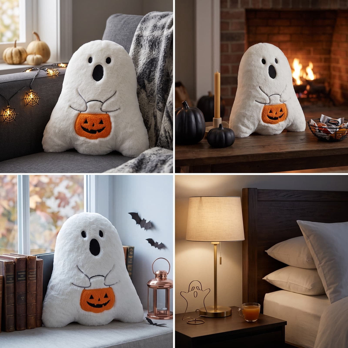 Halloween Ghost Reading Book Throw Pillow Cover, Spooky Library Bookshelf Skull Candlestick Decorative Pillowcase, Retro Halloween Cushion Cover