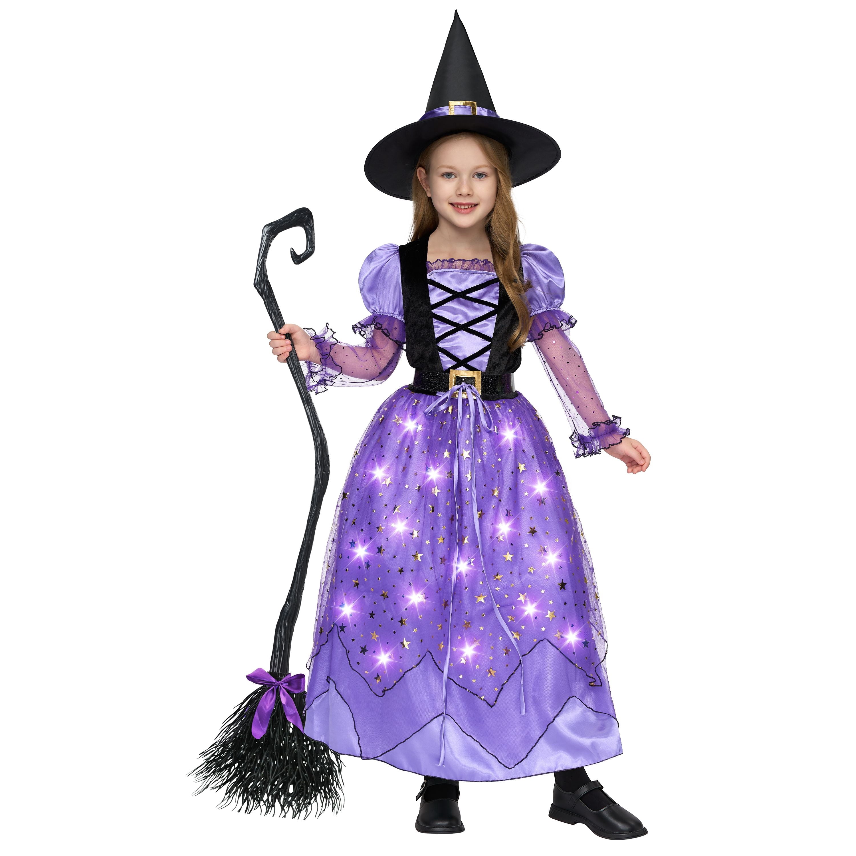 Joyfy Light Up Witch Costume Set for Girls, Starry Witch Dress with Broom Belt Hat for Kids and Toddlers, Perfect for Halloween Party Dress-Up Cosplay (5-12 Years)