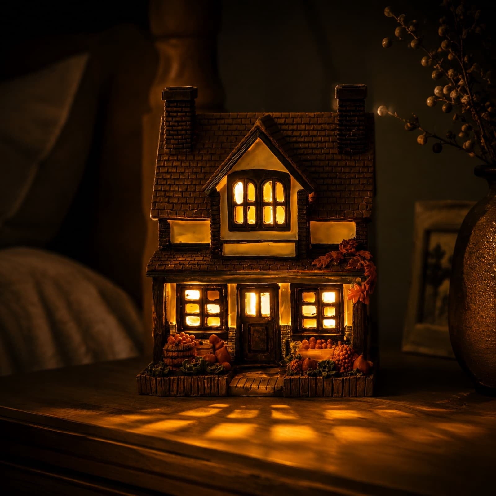 Fall Harvest Light Up Cottage House, LED Resin Pumpkin Autumn Halloween Thanksgiving Tabletop Decor with Warm Glow for Mantel Shelf Home Office Seasonal Decoration, 6" (1 PC)