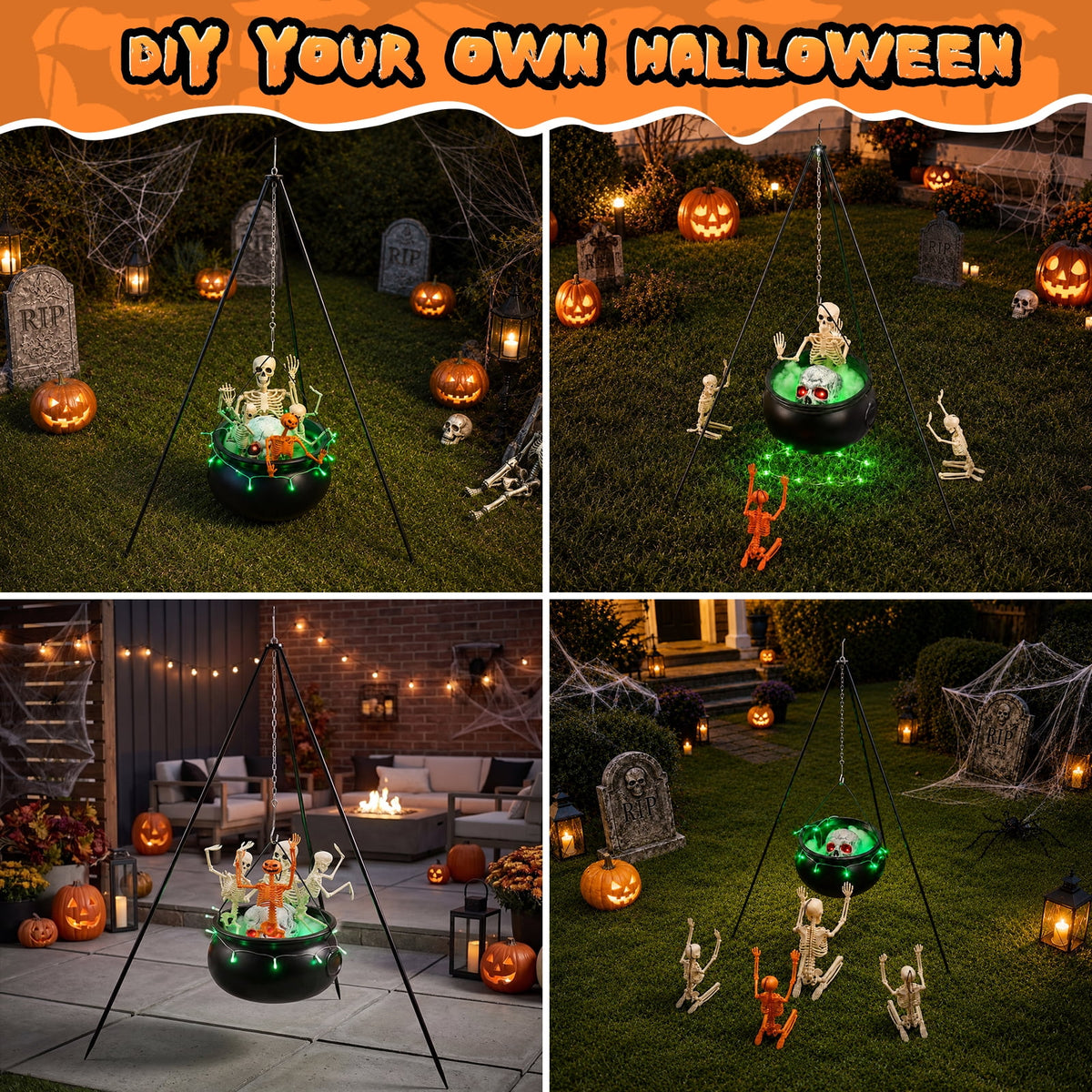 Halloween Decorations Bundle - 78cm/30.7" Witches Cauldron on 54" Tripod with Green LED Lights, 3pcs 40cm Skeleton, 60cm Skeleton, Skull Ornament, 4 Hooks - Indoor Outdoor Yard Porch Party Supplies