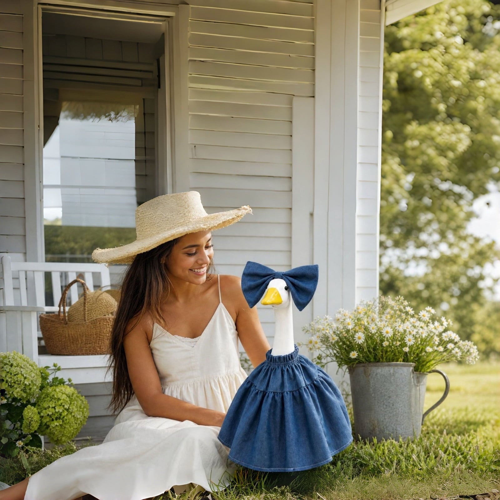 Thanksgiving Harvest Outfit for 23" Porch Goose, Goose Fall Theme Dress in White&Orange with Headwear Fall Harvest Decor for 23" Goose Outdoor Patio Yard Lawn Decoration