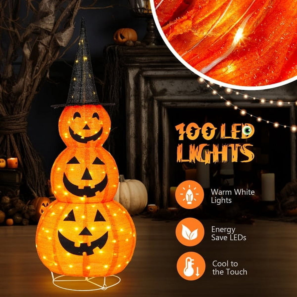 Alvantor 5 ft Lighted 3-Tier Pop-Up Pumpkin Halloween Decoration with Witch Hat and 100 LED Lights, Orange and Black