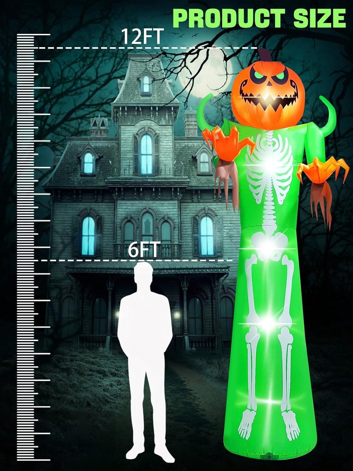 Kalolary 12FT Halloween Inflatable with LED Lights – Giant Pumpkin & Skeleton Outdoor Decoration for Yard, Lawn, Home, & Party – Scary Blow-Up Halloween Holiday Decor