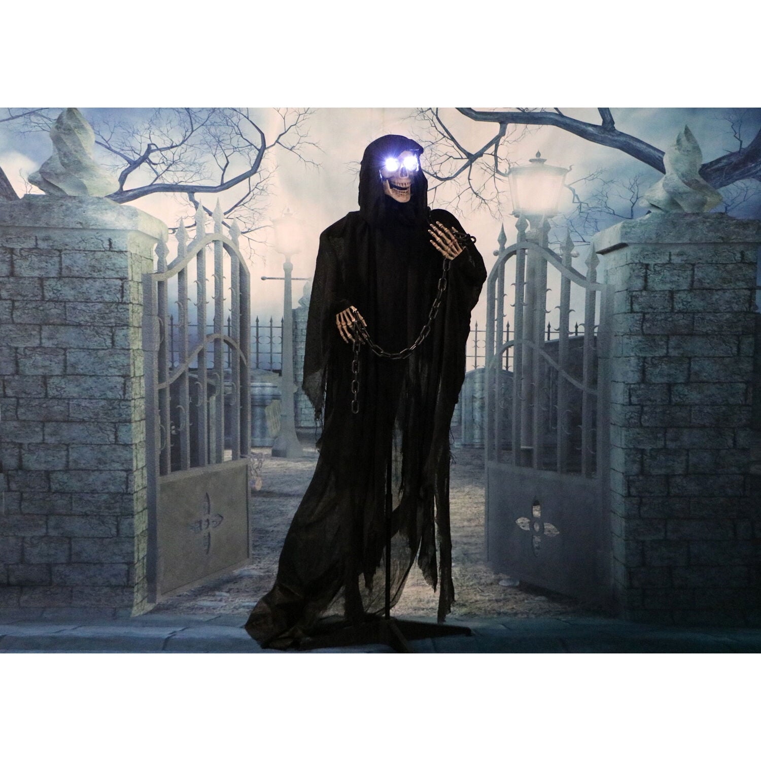 Haunted Hill Farm 5 ft Life-Size Animated Grim Reaper Prop w/ Chain and Rotating Head for Indoor or Outdoor Halloween Decoration, Battery-Operated