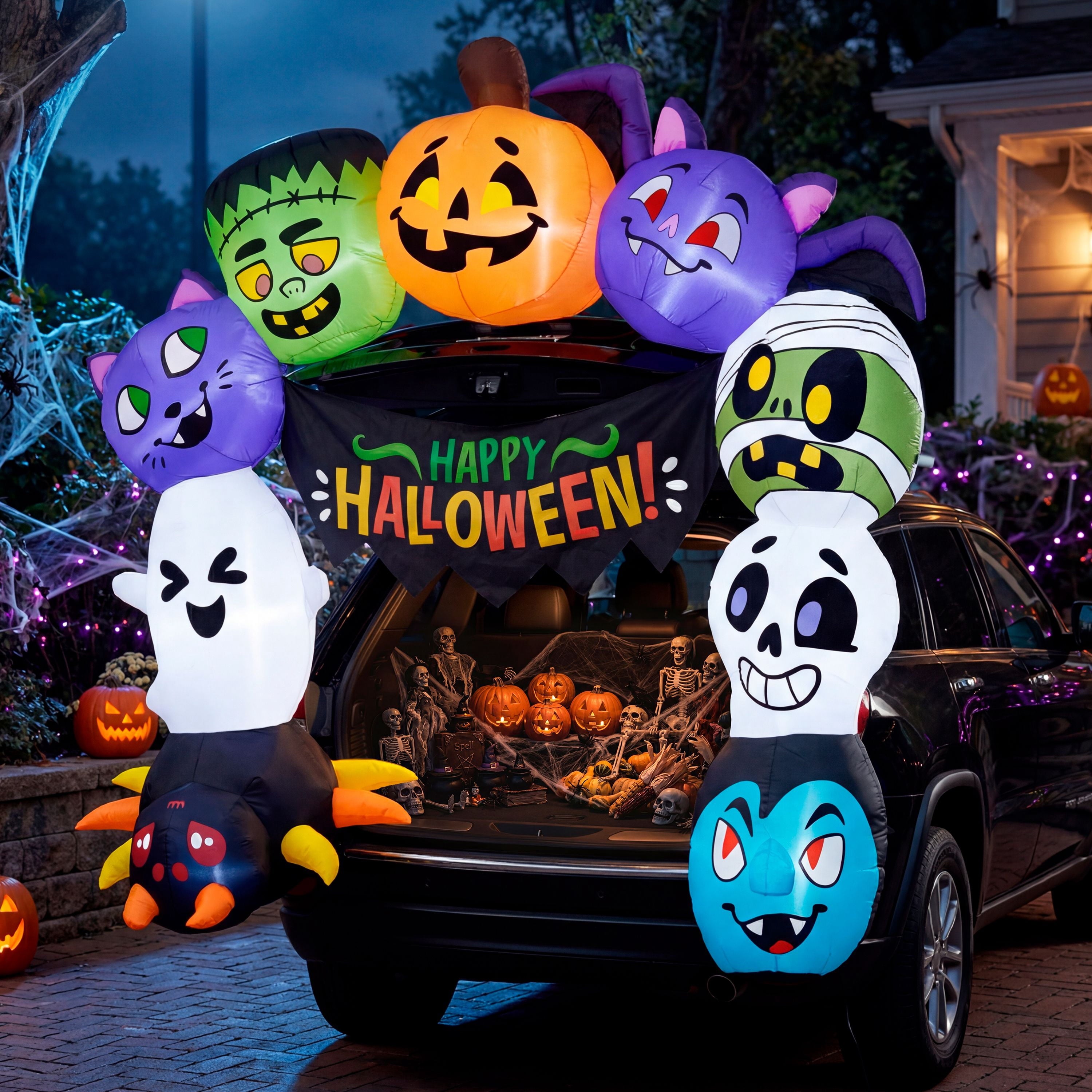 Joyfy 6 FT Halloween Inflatable Haunted Castle Decoration,Trunk or Treat Car Decorations Kit Ghost and Pumpkin with Built-in LED Light for Halloween Party Indoor,Outdoor,Yard,Garden Decor