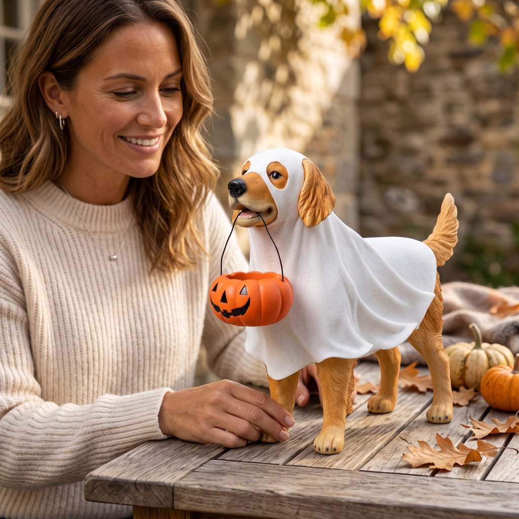 Halloween Ghost Dog Figurine, LED Light Statue, Yard Garden Decor, Treat Bucket Detail and Standing Sturdy Build for Front Porches, Garden Walkways and Tabletop Displays.