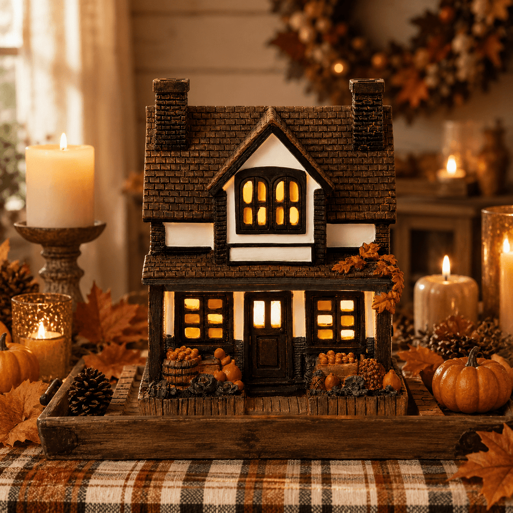 Fall Harvest Light Up Cottage House, LED Resin Pumpkin Autumn Halloween Thanksgiving Tabletop Decor with Warm Glow for Mantel Shelf Home Office Seasonal Decoration, 6" (1 PC)