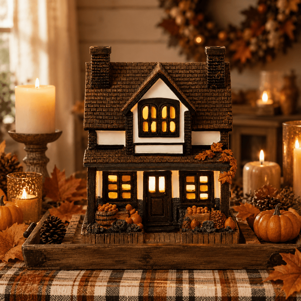 Fall Harvest Light Up Cottage House, LED Resin Pumpkin Autumn Halloween Thanksgiving Tabletop Decor with Warm Glow for Mantel Shelf Home Office Seasonal Decoration, 6" (1 PC)