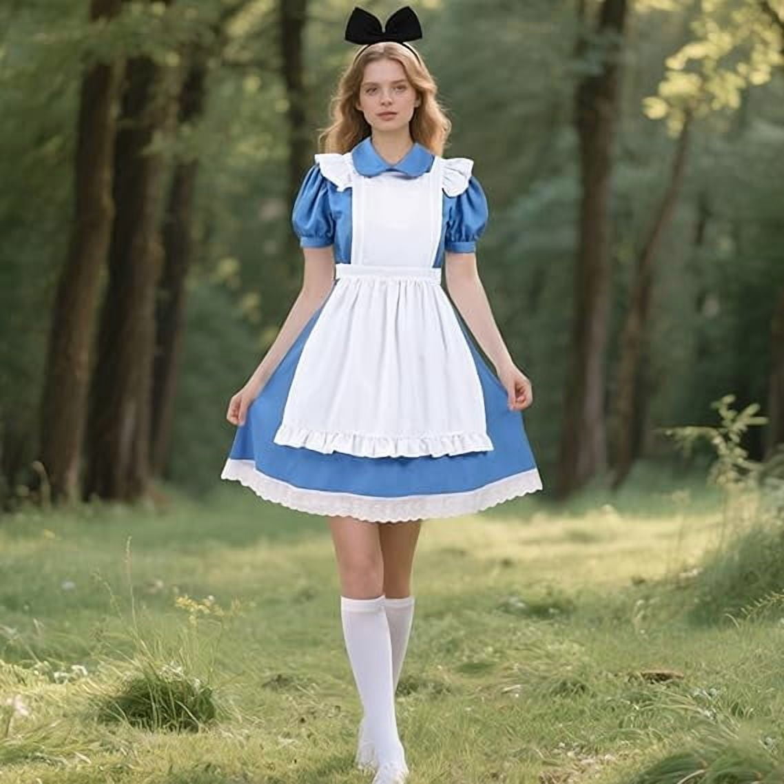 MARTINE MALL Women Halloween Blue White Princess Costume Dress With Bow Hair Band Stockings Set