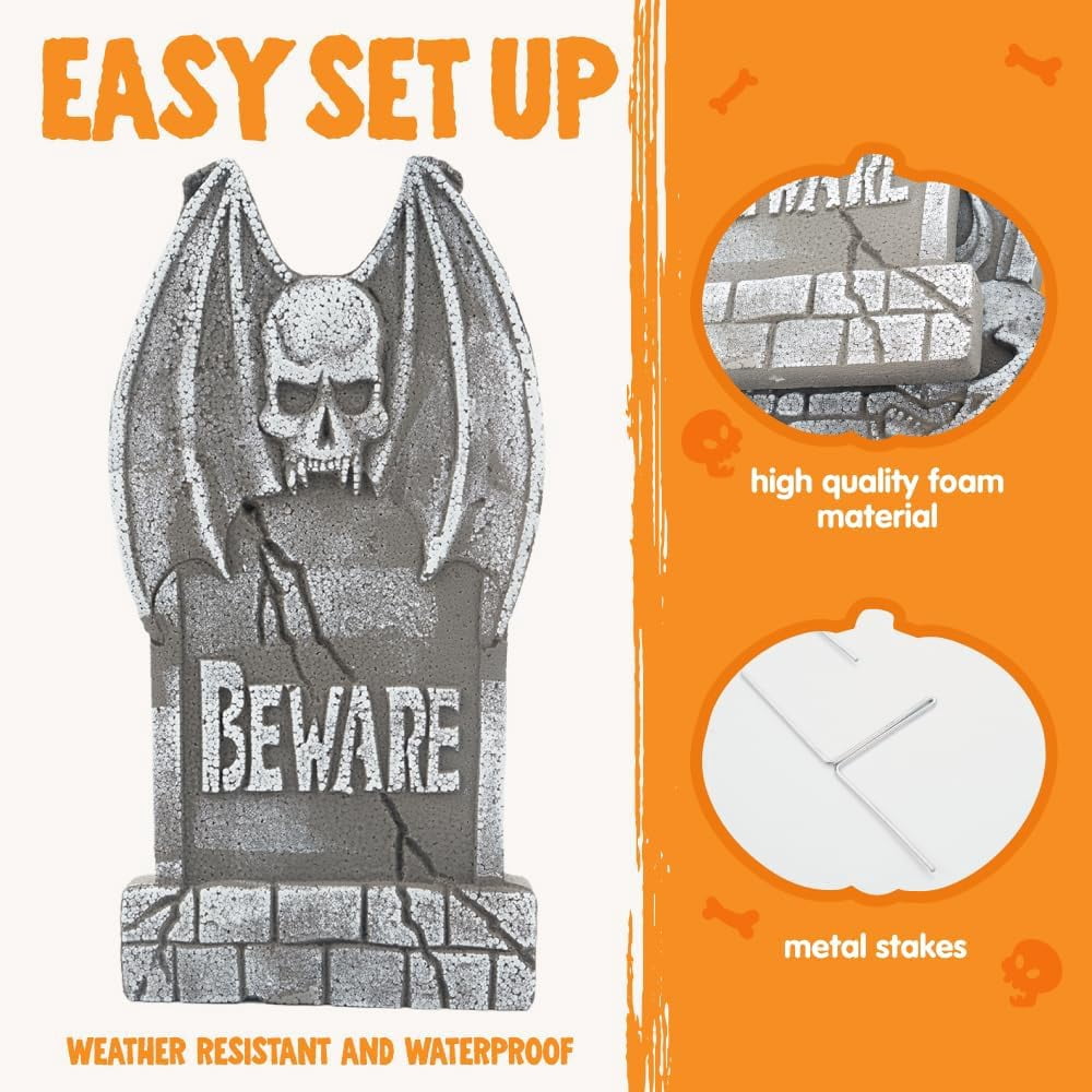 Joyfy 17" Halloween 5 Pack Tombstone Decorations, Foam RIP Graveyard Signs Cemetery Headstones Scary Outdoor Indoor Halloween Decor with 12 Metal Stakes for Easy Set Up, Waterproof for Garden Lawn