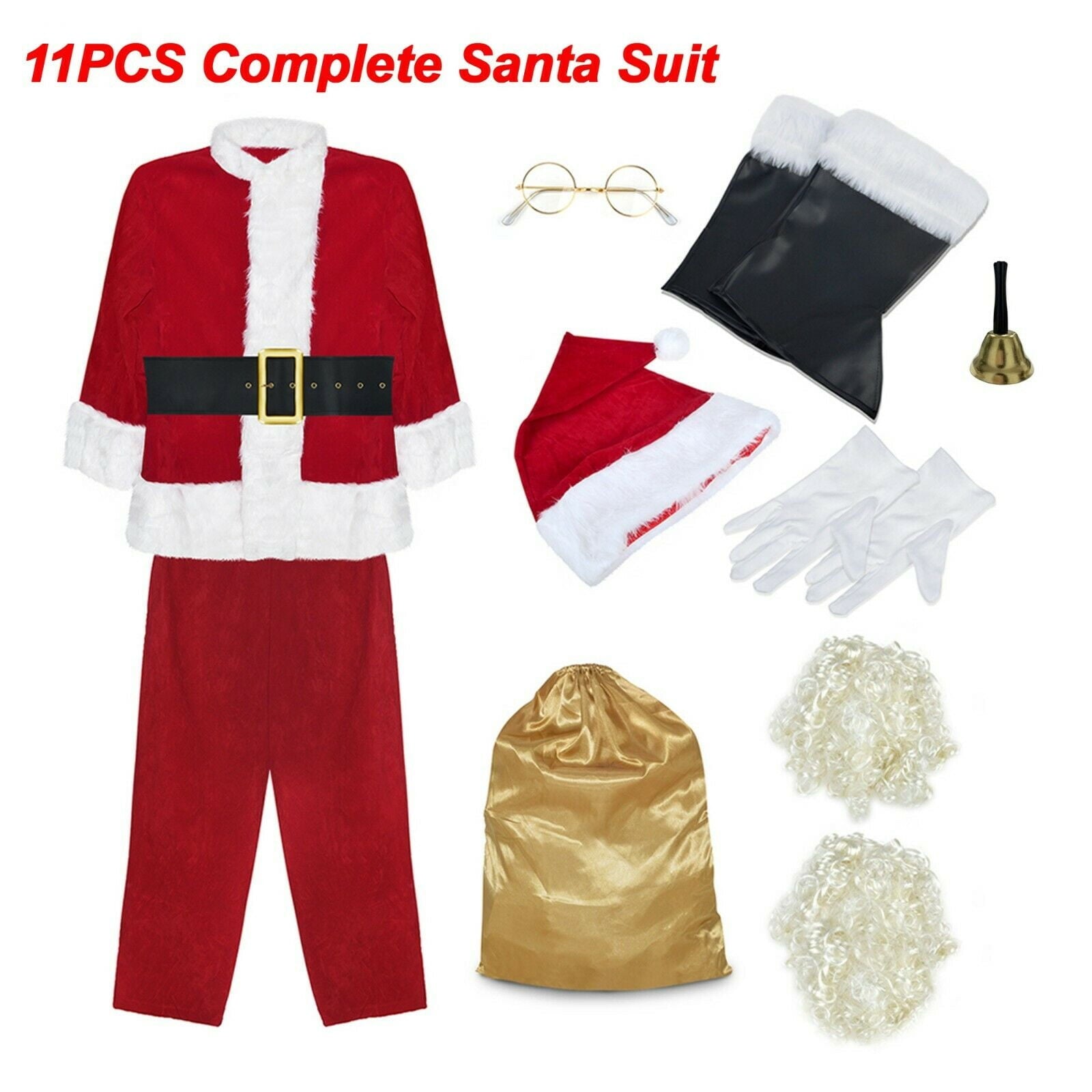 Men's Santa Claus Costume 11PCS. Christmas Velvet Adult Deluxe Santa Suit -3XL