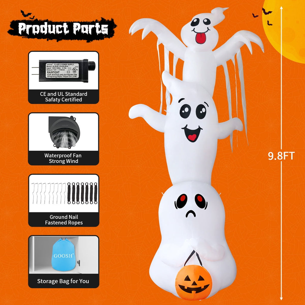 GOOSH Halloween Inflatables 9.8 FT Halloween Ghost Inflatable with Built-in LEDs, Scary Inflatable Ghost Blow up Overlap Ghost, Outdoor Halloween Decorations Ghost Inflatable for Halloween Holiday Pa