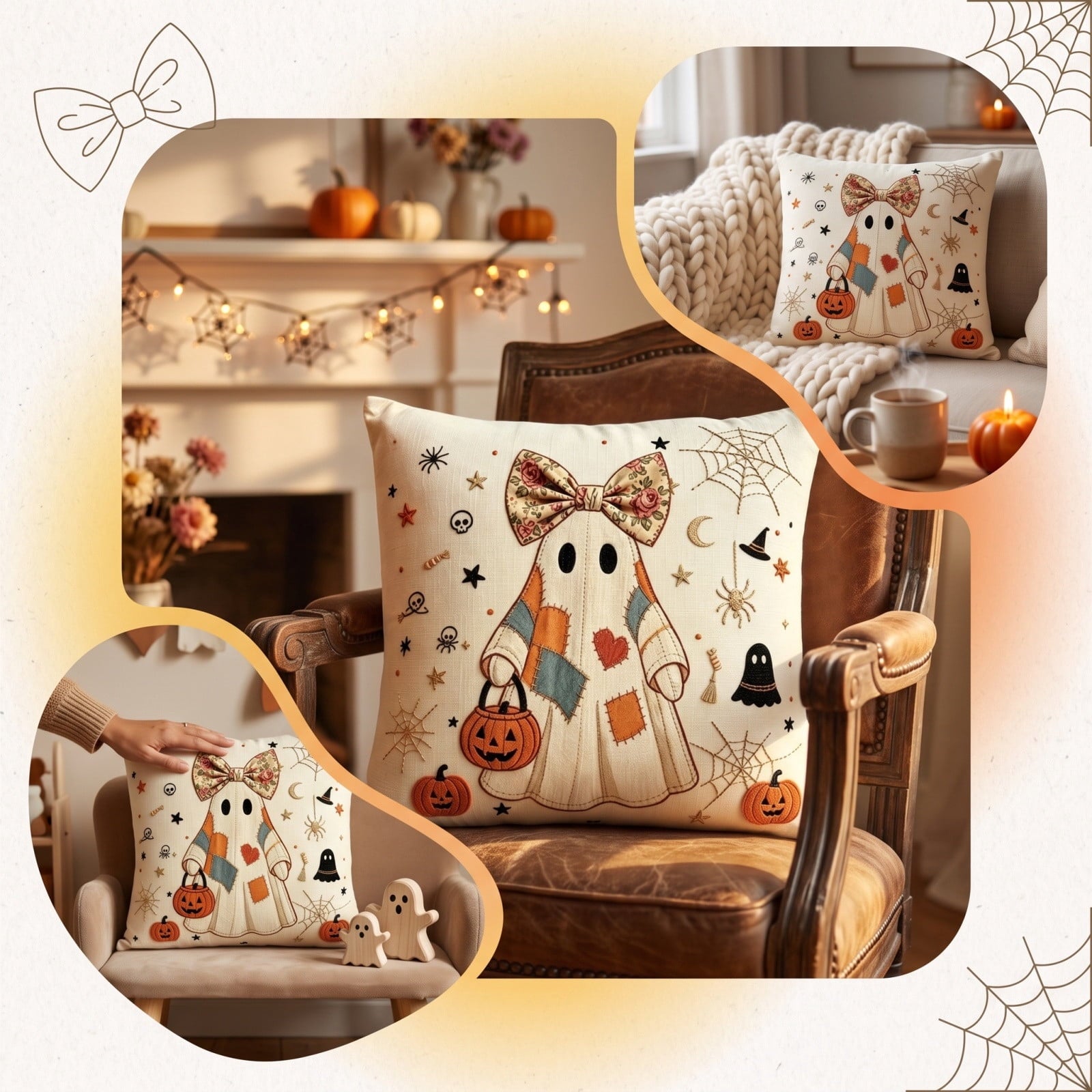 Halloween Ghost Reading Book Throw Pillow Cover, Spooky Library Bookshelf Skull Candlestick Decorative Pillowcase, Retro Halloween Cushion Cover