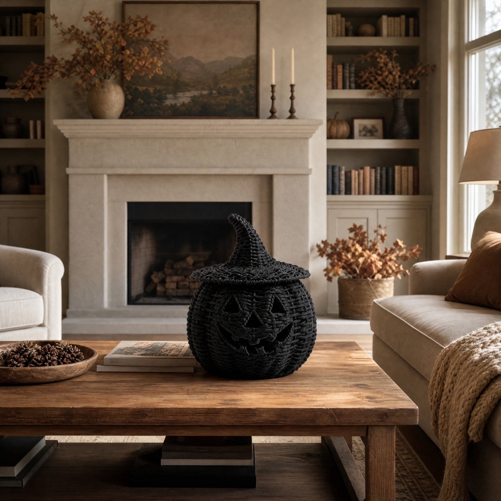 Halloween Woven Seagrass Pumpkin For Spooky Halloween Candy Storage And Home Decor, Black Handcrafted Witch Hat Woven Seagrass Pumpkin For Festive Parties, Premium Decorative Woven Seagrass Pumpkin